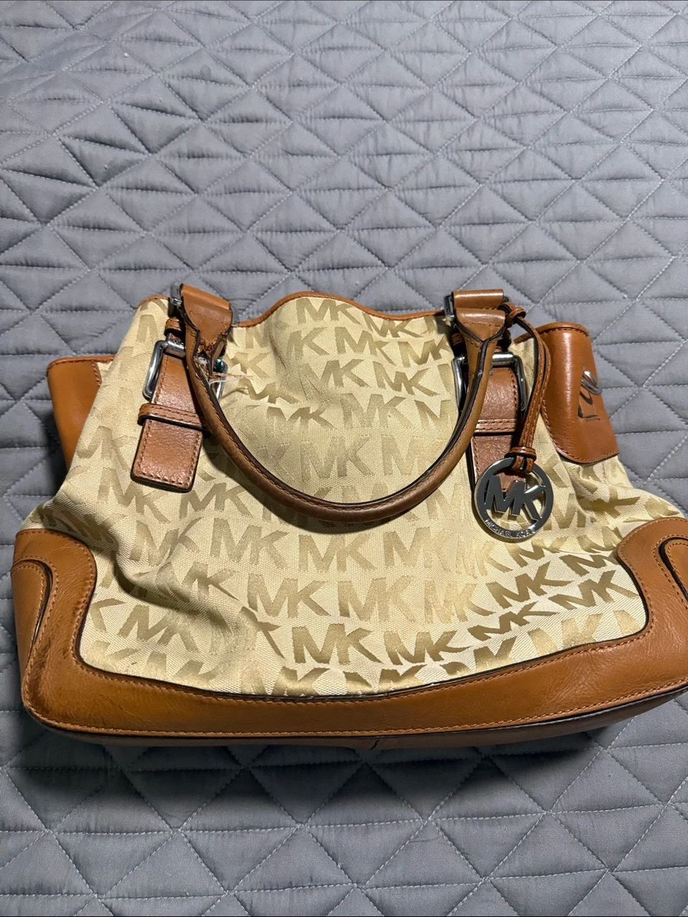 Michael Kors Cream & Tan Logo Satchel with MK Charm